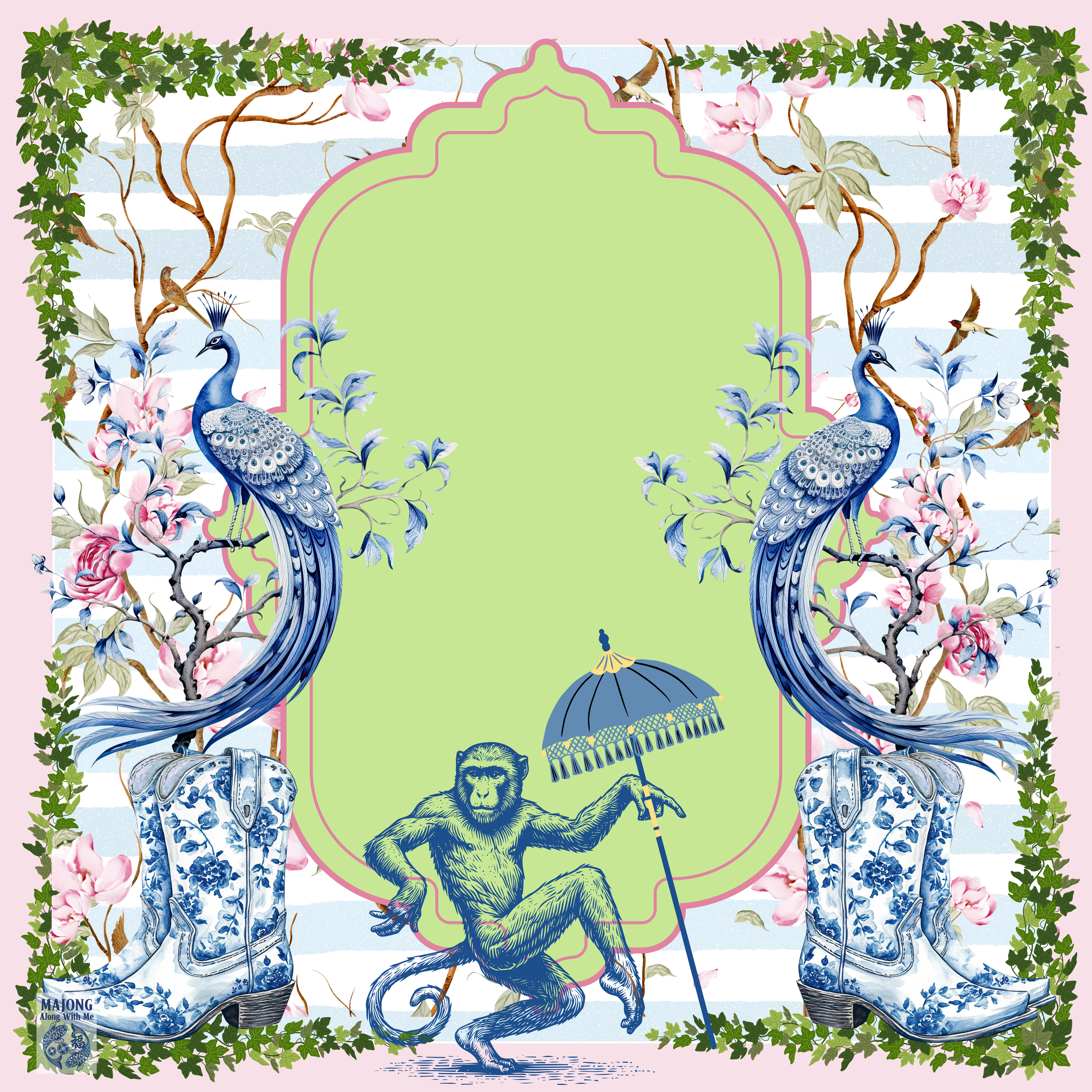 Chinoiserie Cowboy Monkey Mahjong Mat IN STOCK